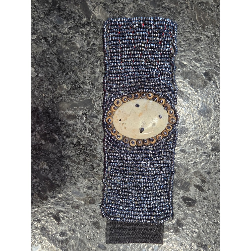 Indonesian Handcrafted Beaded Cuff Bracelet White Bone Centerpiece Adjustable